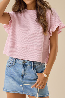 Pink Lace Edge Waffle Knit Cropped Short Sleeve Top with Slits LC25134233-P10