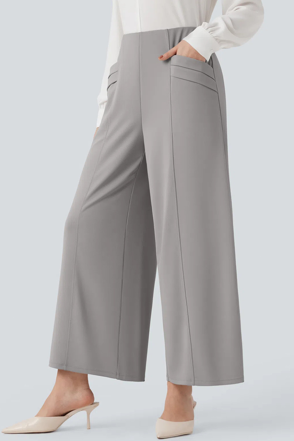 Gray Halara Fle High Waisted Wide Leg Crepe Work 7/8 Pants with Pockets