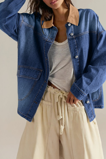 EVALESS Jean Jacket Women Trendy Color Block Denim Jacket Oversized Long Sleeve Button Down Jackets Shacket Coat with Pockets LC788774-P604