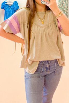 Light French Beige Striped Colorblock Patchwork Sleeve Frilled Detail Loose Top LC25229154-P4016