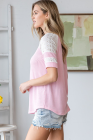 Light Pink Spiral Ribbed Texture Lace Color Block Short Sleeve Top