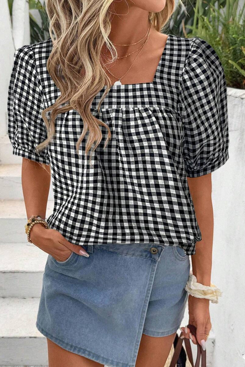 EVALESS Women's Plaid Shirt Dressy Casual Square Neck Tops 2026 Fashion Summer Puff Short Sleeve Loose Gingham Blouses