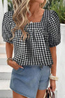 EVALESS Women's Plaid Shirt Dressy Casual Square Neck Tops 2026 Fashion Summer Puff Short Sleeve Loose Gingham Blouses