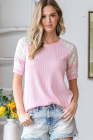 Light Pink Spiral Ribbed Texture Lace Color Block Short Sleeve Top