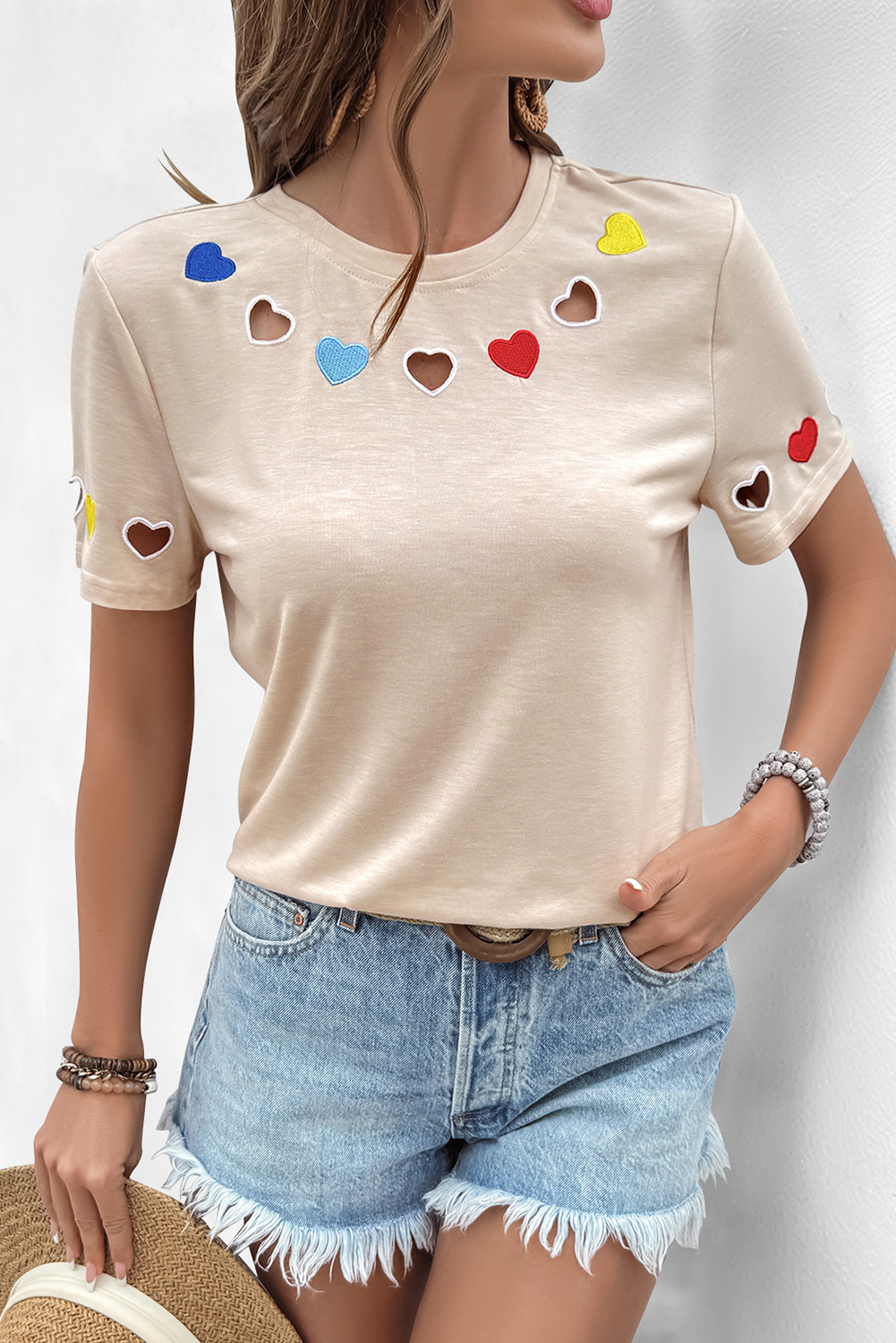 Parchment Sweet wind love embroidery hollow short-sleeved t-shirt