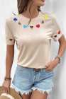 Parchment Sweet wind love embroidery hollow short-sleeved t-shirt