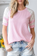 Light Pink Spiral Ribbed Texture Lace Color Block Short Sleeve Top