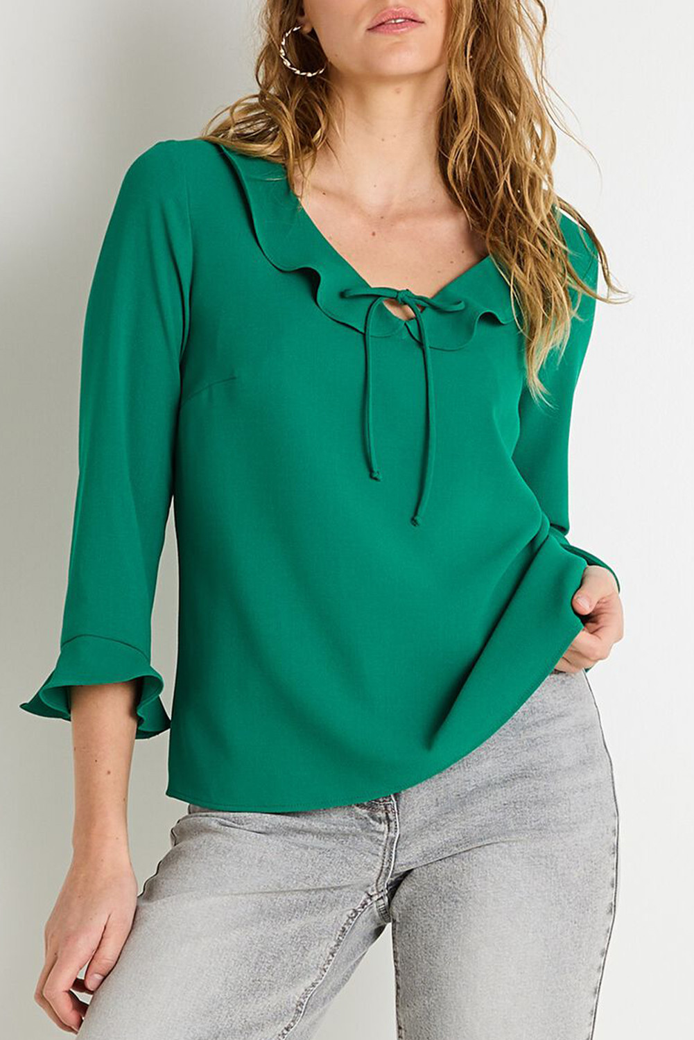 EVALESS Womens Tops Dressy Casual Tie Front Ruffle V Neck 3/4 Sleeve Business Blouses Office Shirts