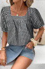 EVALESS Women's Plaid Shirt Dressy Casual Square Neck Tops 2026 Fashion Summer Puff Short Sleeve Loose Gingham Blouses