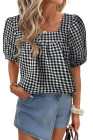 EVALESS Women's Plaid Shirt Dressy Casual Square Neck Tops 2026 Fashion Summer Puff Short Sleeve Loose Gingham Blouses