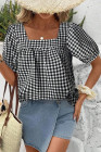 EVALESS Women's Plaid Shirt Dressy Casual Square Neck Tops 2026 Fashion Summer Puff Short Sleeve Loose Gingham Blouses
