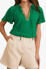 Dark Green Women's Sleeve Tops Dressy Casual Pleated V Neck Business Work Blouses Office Shirts