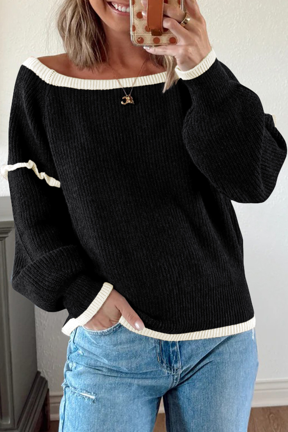 EVALESS Womens Sweaters Crewneck Ruffle Long Sleeve Off The Shoulder Sweater Color Block 2025 Trendy Fall Winter Knit Tops