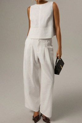 White Forever 21 Women's Solid Color Crew Neck Sleeveless Casual Loose Blouse LC25613571-P1