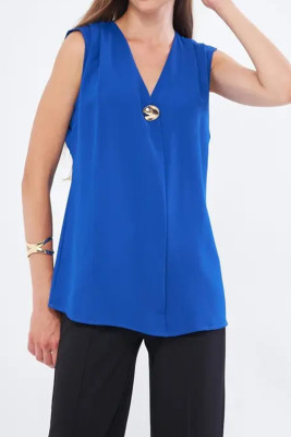 Sky Blue Lovelf Brooch Detailed Shirt with Pleated Shoulder Pleeled LC25613592-P205