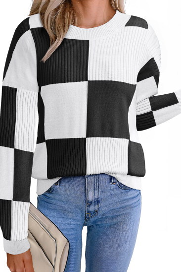 EVALESS Sweaters for Women Crewneck Long Sleeve Color Block Casual Knit Tops 2025 Fall Fashion Checkered Pullover Sweater LC2727656-P2
