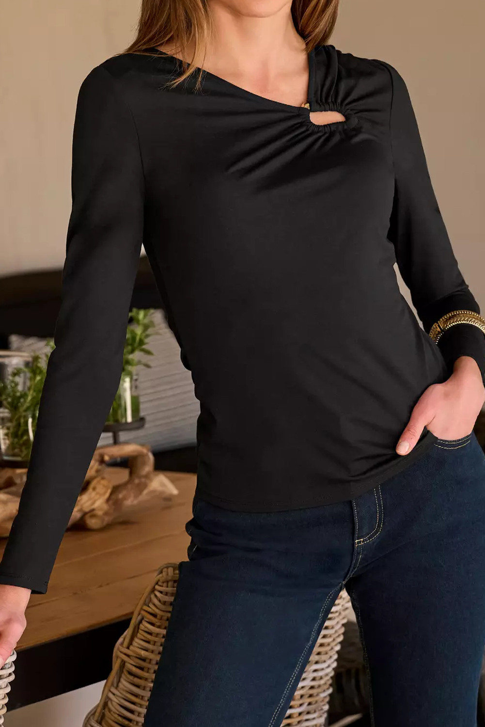 Black Hardware Long Sleeve Knit Top