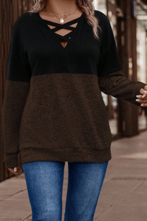 Black EMERY ROSE Women's Autumn/Winter Contrast Color Patchwork Casual Plus Size Sweatshirt LC2728087-P2