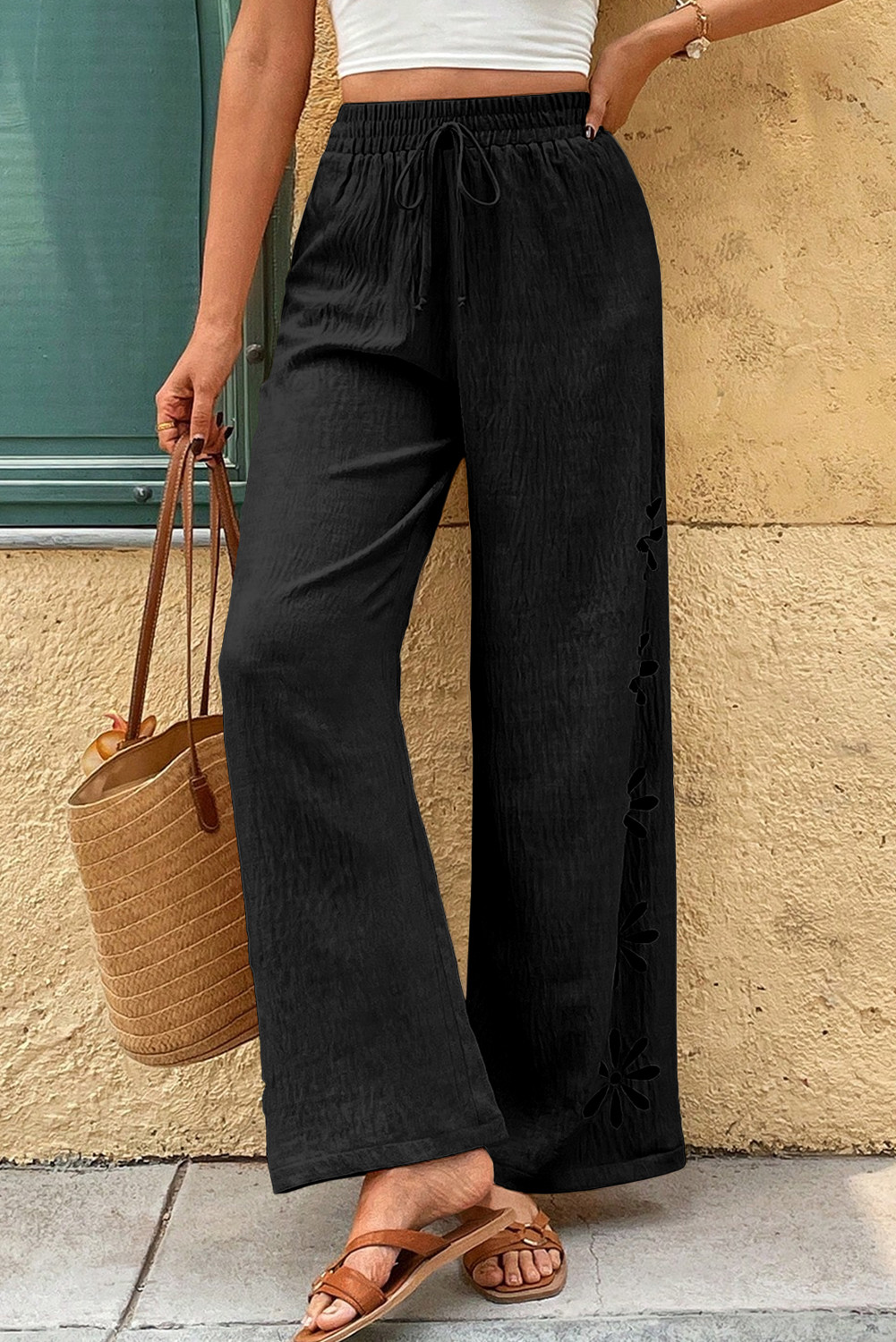 EVALESS Womens Beach Pants Summer Boho Drawstring Elastic Waist Hollow Out Textured Wide Leg Vacation Clothes