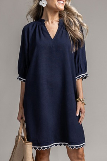 Navy Blue Notched Neck Contrast Trim Half Sleeve Shift Mini Dress LC6126766-P605