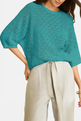 EVALESS Women's Crochet Tops Short Sleeve Hollow Out Knit Sweater Spring Summer Trendy Lightweight Casual Vacation Clothes LC2727433-P405