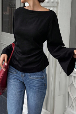 Black Women's Solid Color Boat Neck Flare Sleeve Elegant Blouse Fall Cloth For Women LC25135746-P2