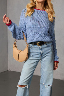 Sky Blue Meyers Knit Contrast Trim Crew Neck Sweater LC2728118-P304