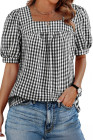 EVALESS Women's Plaid Shirt Dressy Casual Square Neck Tops 2026 Fashion Summer Puff Short Sleeve Loose Gingham Blouses