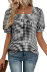EVALESS Women's Plaid Shirt Dressy Casual Square Neck Tops 2026 Fashion Summer Puff Short Sleeve Loose Gingham Blouses