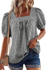 EVALESS Women's Plaid Shirt Dressy Casual Square Neck Tops 2026 Fashion Summer Puff Short Sleeve Loose Gingham Blouses