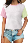 EVALESS Women's Short Sleeve Knit T Shirts Multicolour Ribbed Color Block Crewneck Tee Blouses Trendy Spring Tops
