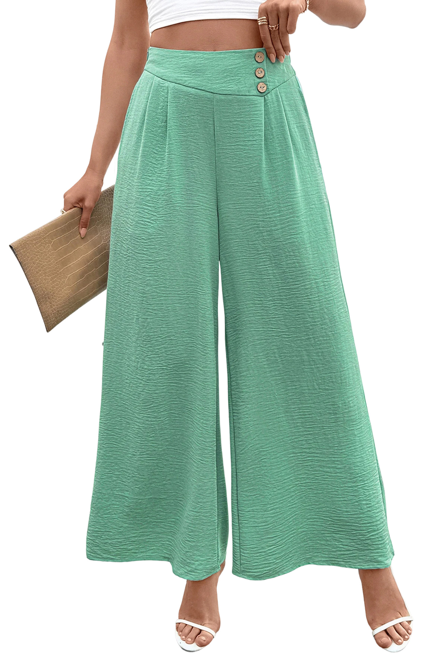 EVALESS Womens High Waisted Button Pleated Wide Leg Pants Beach Vacation Trouses