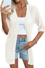 EVALESS Women's Crochet Knit Cardigan Sweaters Short Sleeve Open Front Kimonos Boho Cardigans Tops Lightweight Casual Vacation
