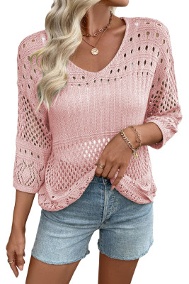 EVALESS Womens Lightweight Sweaters Crochet Hollow Out Knit Tops 3/4 Sleeve Beach Vacation Clothes for Women Trendy 2026 LC2726987-P10