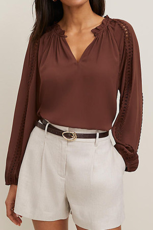 Coffee Lace Sleeve Mixed Media Top LC25135937-P1017