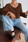 Coffee Serisse Women's V-Neck Contrast Trim Casual Pullover Sweater In Fall/Winter,Brown Sweater,Brown Top