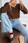 Coffee Serisse Women's V-Neck Contrast Trim Casual Pullover Sweater In Fall/Winter,Brown Sweater,Brown Top