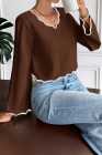 Coffee Serisse Women's V-Neck Contrast Trim Casual Pullover Sweater In Fall/Winter,Brown Sweater,Brown Top