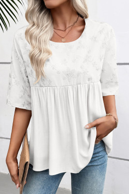 EVALESS Womens Spring Summer Tops Casual Crewneck Half Sleeve Shirts Blouses Cute Floral Embroidered Boho Babydoll Tops LC25134126-P1