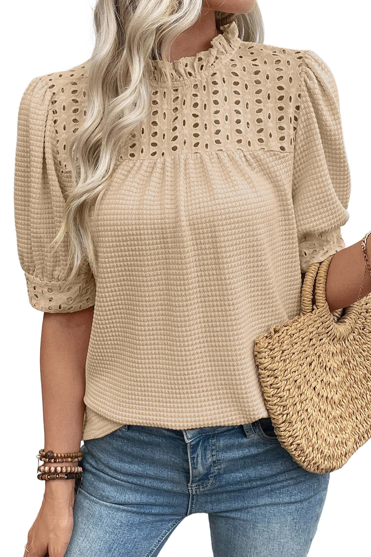 EVALESS Womens Tops 2026 Blouses for Women Dressy Casual Cute Waffle Frill Trim Eyelet Embroidery Mock Neck Puff Sleeves Shirts