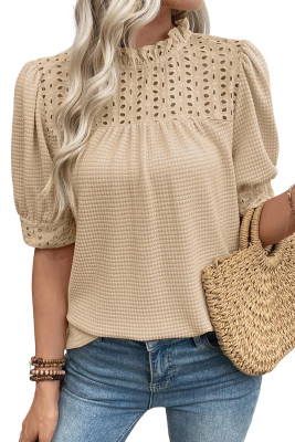 EVALESS Womens Tops 2026 Blouses for Women Dressy Casual Cute Waffle Frill Trim Eyelet Embroidery Mock Neck Puff Sleeves Shirts LC25134604-P6016