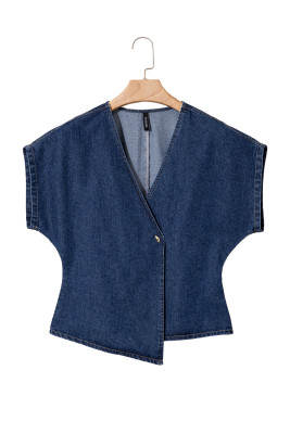 EVALESS Womens Denim Shirts Short Sleeve Button Down Shirts Spring Summer Tops V Neck Work Blouses Asymmetrical Jean Jacket LC790215-P605