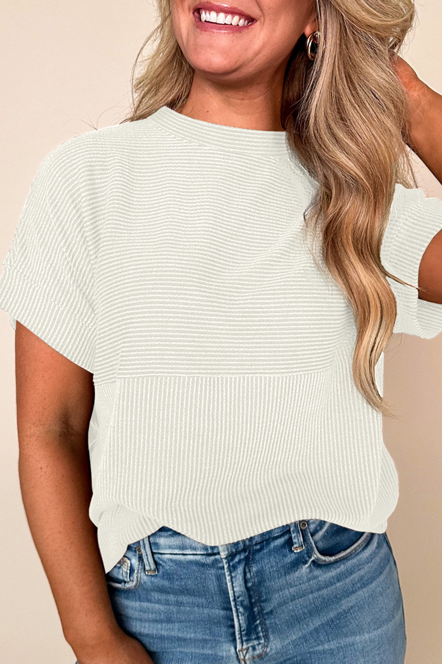 EVALESS Short Sleeve Shirts for Women Casual Spring Summer Tops Ribbed Knit Striped Womens Tops Crewneck Loose Fit T Shirts