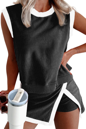 EVALESS 2 Piece Sets for Women Summer Matching Athletic Lounge Outfits Ribbed Knit Tank Top and Split Lined Skirt LC631396-P202