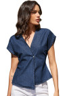 EVALESS Womens Denim Shirts Short Sleeve Button Down Shirts Spring Summer Tops V Neck Work Blouses Asymmetrical Jean Jacket