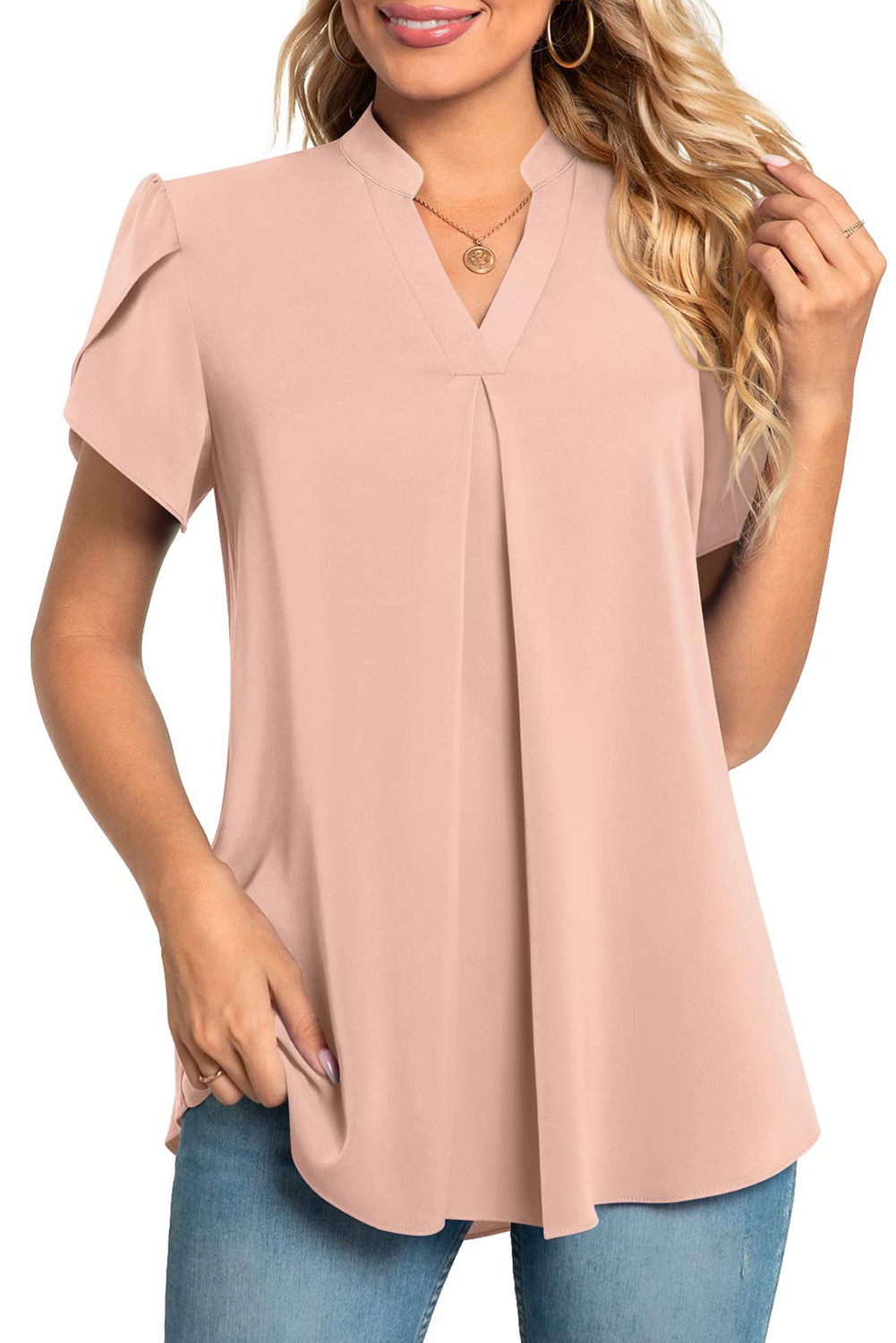 EVALESS Women's Dressy Casual Business Work Chiffon Blouses Tops Summer V Neck Cute Loose Petal Short Sleeve