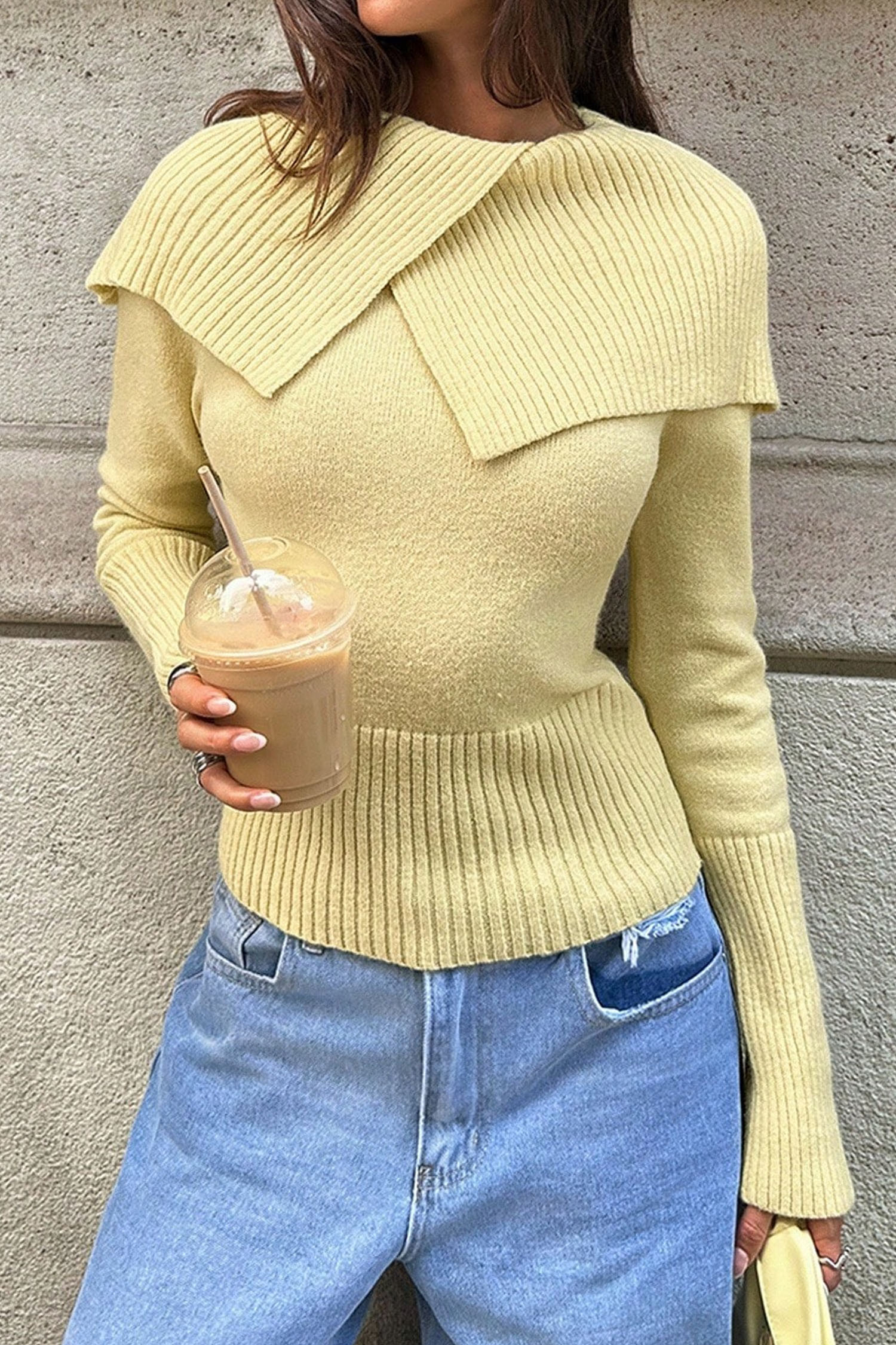 Yellow Cream Tight-Fitting Long Sleeve Sweater