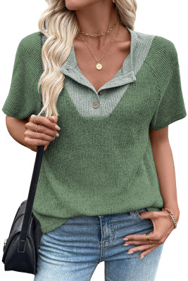 EVALESS Spring Summer Tops for Women Casual Short Sleeve T Shirts V Neck Henley Shirts Patchwork Button Up Knit Pullover Tops LC25134991-P509