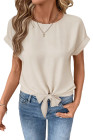 EVALESS Womens Bow Knot Hem Short Sleeve Blouses Dressy Casual Summer Crewneck T Shirts Going Out Tops