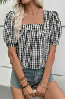 EVALESS Women's Plaid Shirt Dressy Casual Square Neck Tops 2026 Fashion Summer Puff Short Sleeve Loose Gingham Blouses